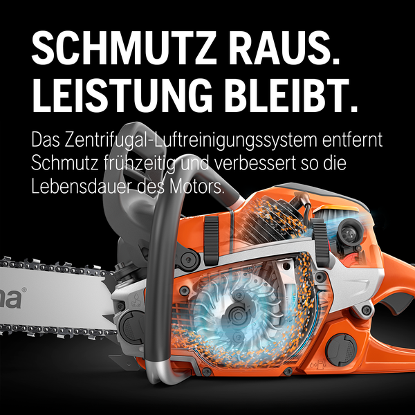 Husqvarna Motorsäge mit Illustration des Luftreinigungssystems