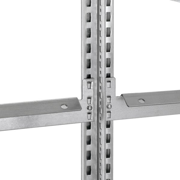 Detailaufnahme der Steckverbindung eines verzinkten Metallregals mit Ständerprofil und Traverse.