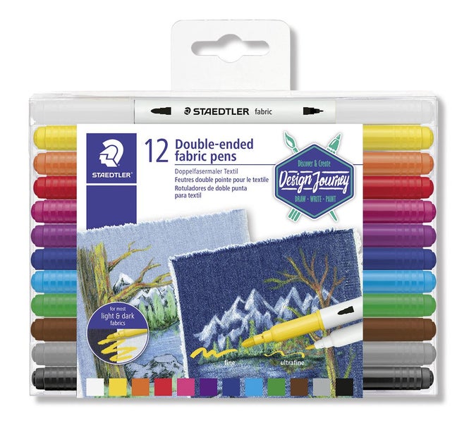 Staedtler Design Journey Doppelfasermaler für Textilien, 12er-Set in verschiedenen Farben für helle und dunkle Stoffe mit feiner und ultrafeiner Spitze.