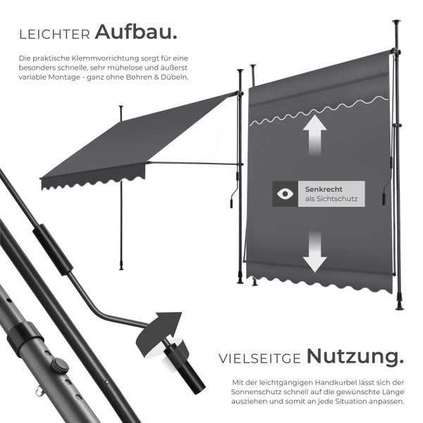 Klemmmarkise tectake  einfache Montage mit Handkurbel schwarz/grau