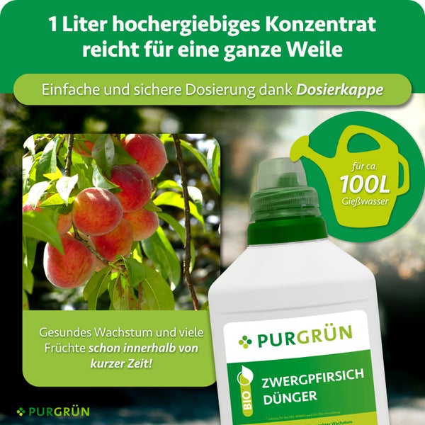 Purgrün Zwergpfirsich Dünger Flüssigdünger für Zwergpfirsiche mit einem Mann mit Hut im Hintergrund