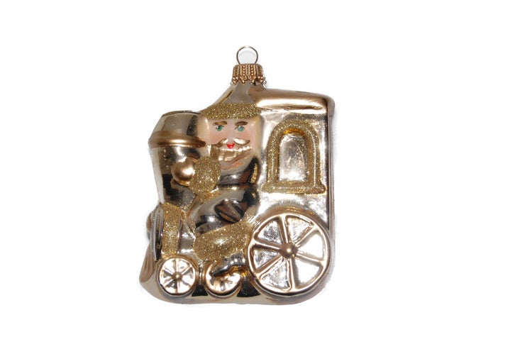Gold 9cm Weihnachtsmann auf der Lokomotive, mundgeblasenes Glas, handdekoriert (1), 1 Stck., Weihnachtsbaumkugeln, Christbaumschmuck, Weihnachtsbaumanhänger