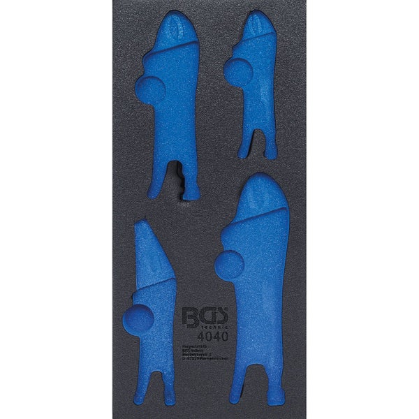 Werkzeugeinlage aus Schaumstoff mit vier Aussparungen für Zangen und BGS technic Logo.