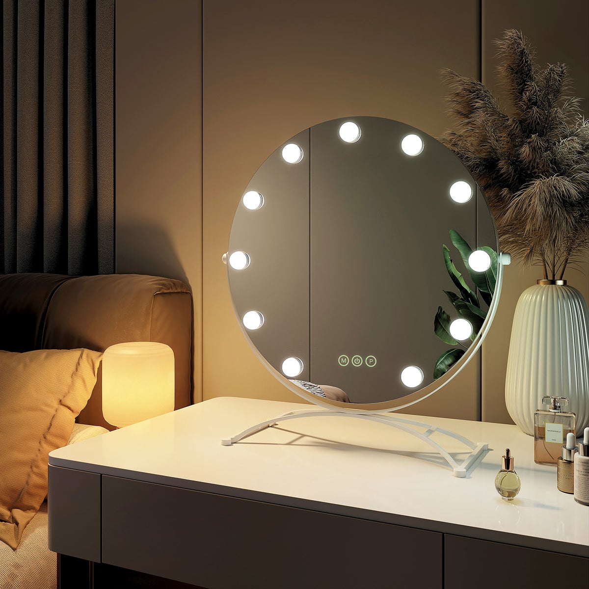 EMKE Runder Schminkspiegel Hollywood Spiegel mit Beleuchtung LED Tischspiegel, mit Touch, 3 Lichtfarben,11 Dimmbaren LED-Leuchtmitteln,7 x Vergrößerungsspiegel,Memory-Funktion, 360° Drehbar,Weiß,50 cm