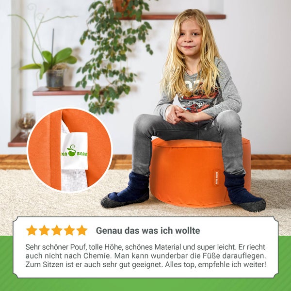 Green Bean Sitzsack-Hocker 45x25cm mit EPS-Perlen Füllung - Fußhocker Fußkissen Sitz-Pouf für Sitzsäcke - Bodenkissen für Kinder und Erwachsene - Fußablage Sitzkissen Sitzhocker Orange