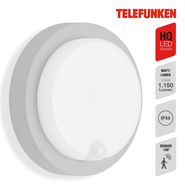 LED Außenleuchte Bewegungsmelder IP44 12 W silber Kunststoff Ø 17 cm Telefunken
