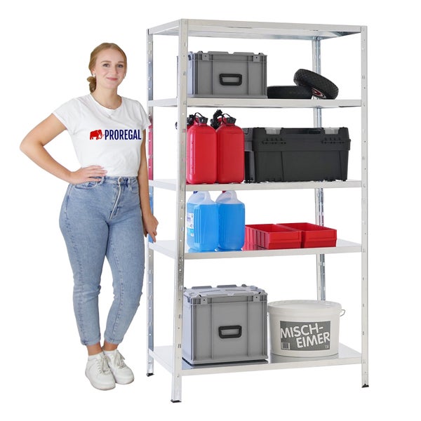 Verzinktes Steckregal aus Metall mit fünf Fachböden, beladen mit Lagerboxen und Kanistern, neben einer Person im T-Shirt mit Proregal Logo.