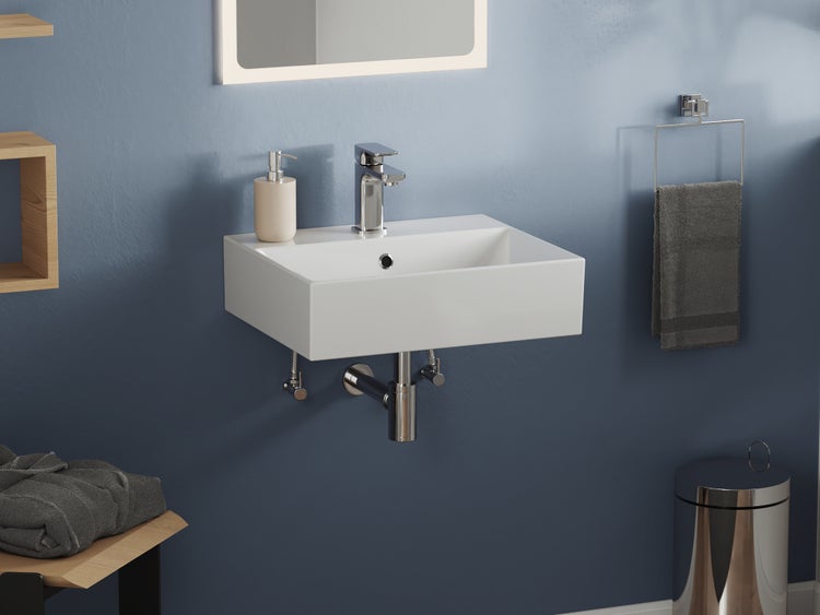 Aqua Bagno Loft KS.50 Waschtisch 50x42 cm – Keramik, Weiß Hochglanz, mit Hahnloch & Überlauf, wandhängend oder als Aufsatzwaschbecken