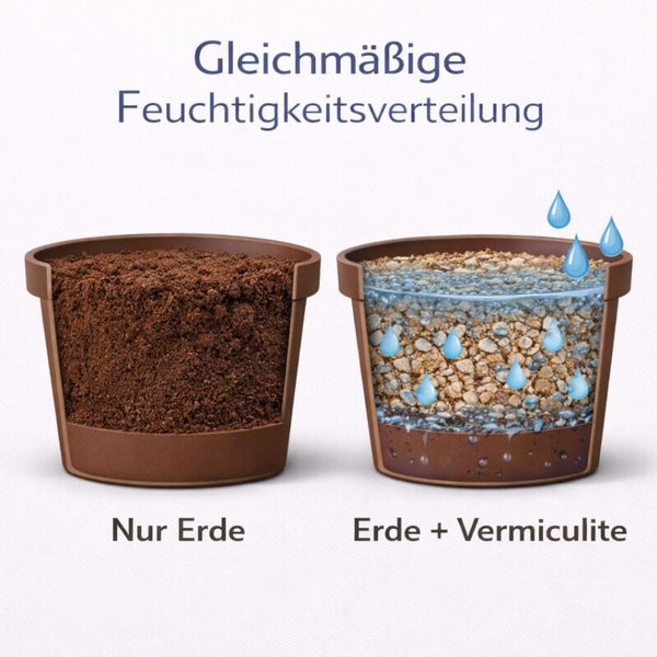 Vergleich der Feuchtigkeitsverteilung in Pflanztöpfen mit Erde und Erde mit Vermiculit für gleichmäßige Bewässerung.