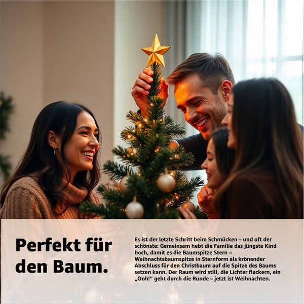 Familie schmückt Weihnachtsbaum mit Sternspitze und Christbaumkugeln