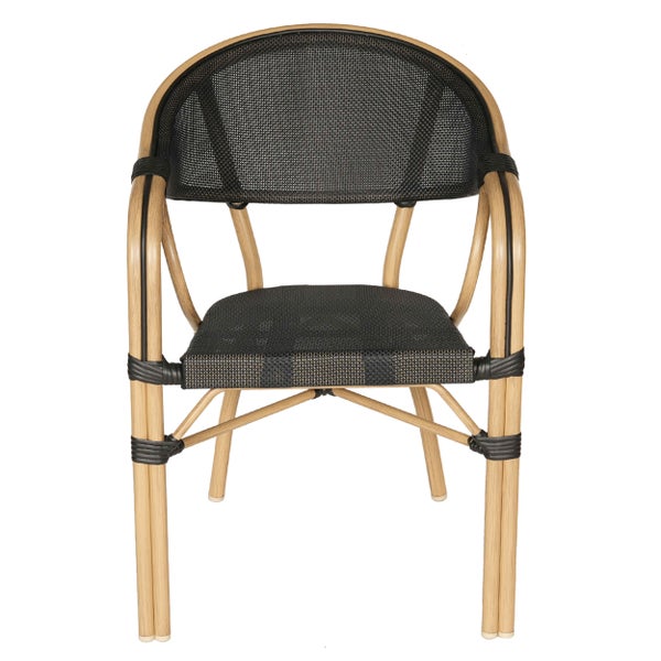 Bistrostuhl mit Aluminiumgestell in Holzoptik und schwarzer Bespannung aus Textilene.