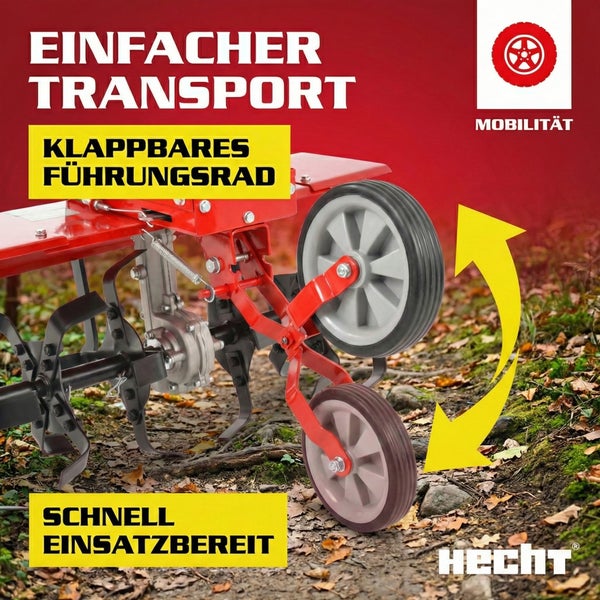Motorhacke mit klappbarem Führungsrad für einfachen Transport und schnellen Einsatz