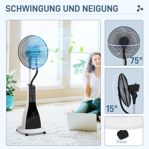 Raumszene mit einem Ventilator auf einem Ständer, einem Beistelltisch und einem Teil eines Sofas.