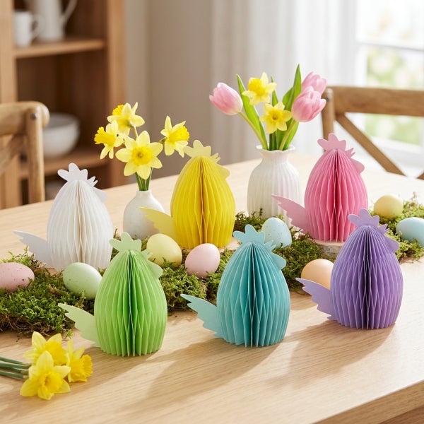 Osterdekoration mit faltbaren Papierhühnern, Frühlingsblumen in Vasen und Ostereiern auf einem Holztisch, arrangiert auf einem Moosbett.