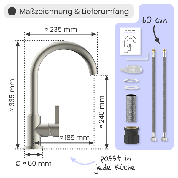 Küchenarmatur Maße: Höhe circa 335 Millimeter, Ausladung circa 235 Millimeter. Lieferumfang: Armatur, Anleitung, Montageset, zwei 60 Zentimeter Schläuche.