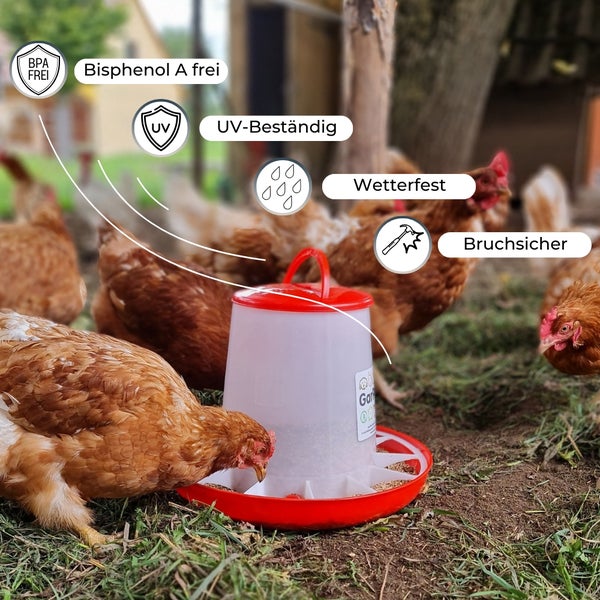 Futterautomat für Hühner mit den Eigenschaften: Bisphenol A frei, UV-beständig, wetterfest und bruchsicher