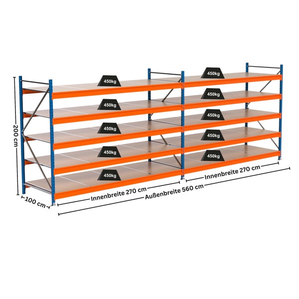 Lagerregal mit fünf Ebenen und den Maßen 200 cm Höhe, 100 cm Tiefe, Innenbreite 270 cm und Außenbreite 560 cm, Traglast 450 Kilogramm pro Ebene