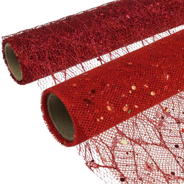 Zwei Rollen rotes Dekonetz mit Glitzer, Tischläufer aus Netzgewebe.