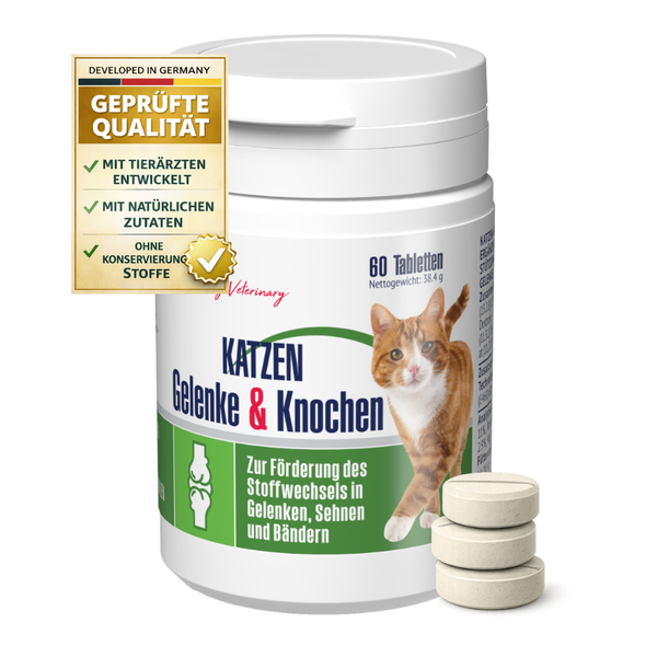Ergänzungsfuttermittel für Katzen für Gelenke und Knochen, 60 Tabletten, natürliche Zutaten, ohne Konservierungsstoffe, entwickelt in Deutschland.