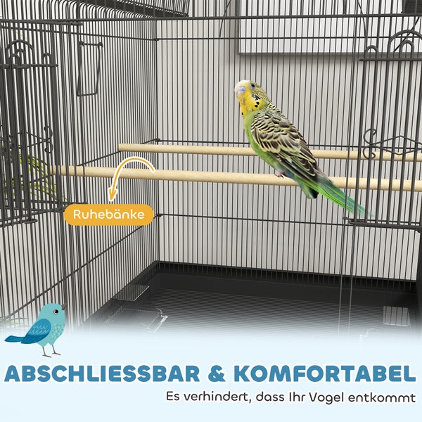 PawHut Vogelkäfig Wellensittichkäfig mit Tablett, Ablagefläche, Futternapf, Papagei Käfig mit Rollen für Wellensittich, Kanarien, Nymphensittich, Stahl 63 x 53 x 144 cm Schwarz