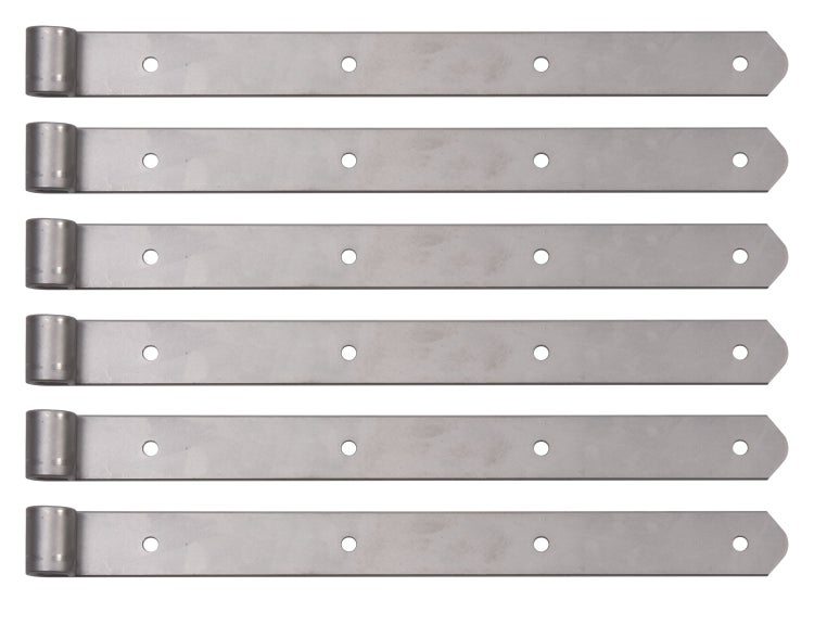 Set mit sechs Langbändern aus verzinktem Stahl mit jeweils drei Bohrungen zur Befestigung von Toren und Türen