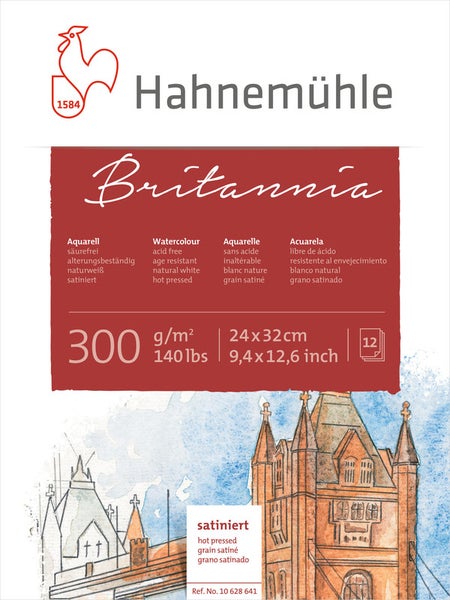 Hahnemühle Britannia Aquarellblock, 300 Gramm pro Quadratmeter, 24 mal 32 Zentimeter, 12 Blatt, naturweiß, satiniert, säurefrei.
