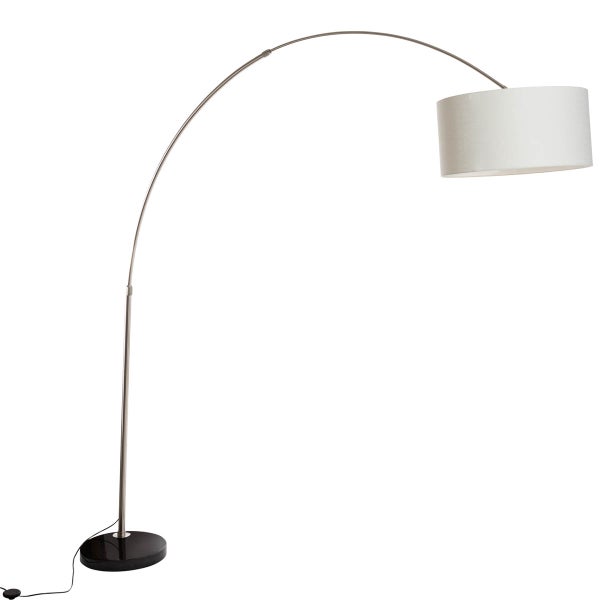 QAZQA - Modern Bogenleuchte I Bogenlampe I Lampe I Leuchte XXL Stahl I Silber I nickel matt Schirm 50cm creme I Wohnzimmer - Stahl Länglich - LED geeignet E27