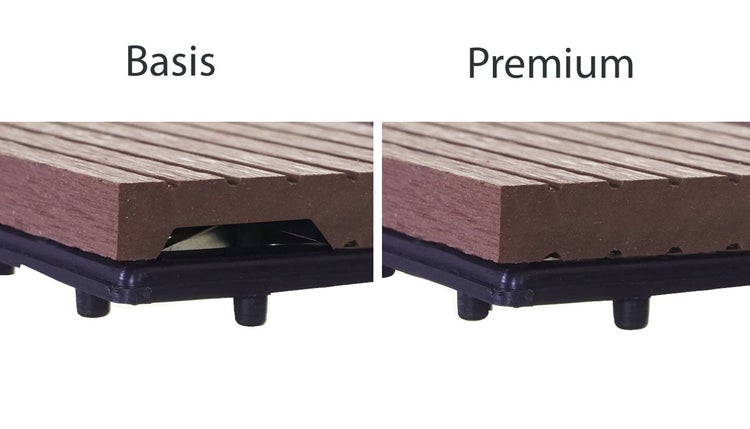 Vergleich von WPC-Terrassenfliesen: Variante Basis mit Hohlprofil und Variante Premium mit Vollprofil.