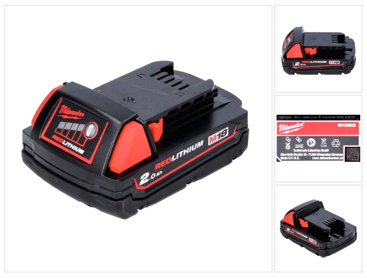 Milwaukee Akku M18 Redlithium 2.0 Ah für 18 Volt Elektrowerkzeuge mit Ladestandsanzeige.