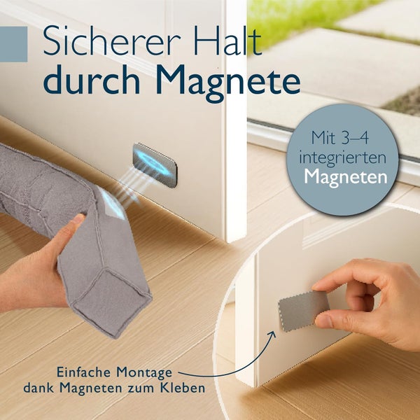 Magnetischer Zugluftstopper für Türen, einfache Montage mit selbstklebenden Magneten, sicherer Halt am Türblatt durch drei bis vier Magnete.