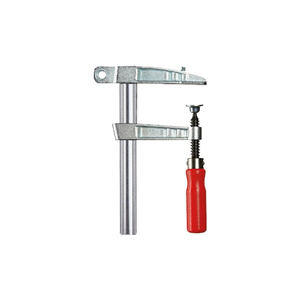 Schraubzwinge aus Metall mit rotem Griff