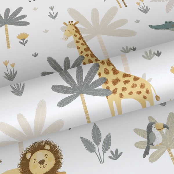 Kindertapete mit Dschungeltieren wie Tiger, Giraffe, Elefant, Löwe, Flamingo und Zebra sowie Palmen im illustrativen Stil.