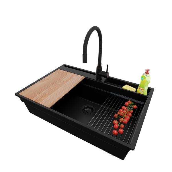 PRIMAGRAN Granitspüle Alles Schwarz 78x53cm, Spülbecken 1 Becken + Küchenarmatur 40x38cm + Ablauf-Set + Küchenzubehörset, Küchenspüle ab 80er Unterschrank - Oslo Pocket