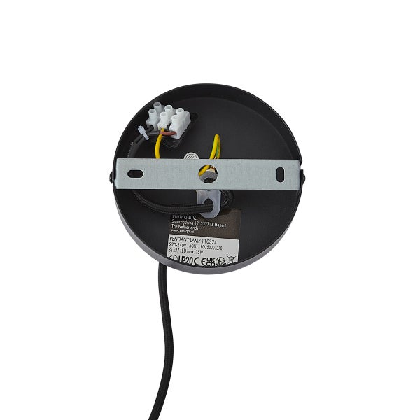 Innenansicht einer Lampen-Deckenhalterung mit Verkabelung, Lüsterklemme und Montagebügel.