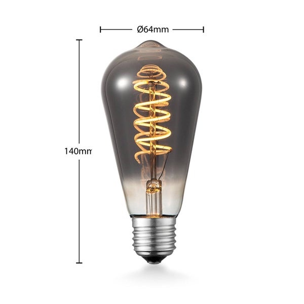 LED-Filament-Leuchtmittel ST64 mit Rauchglas und Spiralfaden. Höhe 140 Millimeter, Durchmesser 64 Millimeter. E27-Fassung.