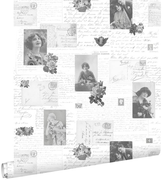 ESTAhome Tapete vintage Postkarten Schwarz und Weiß - 53 cm x 10,05 m - 138128