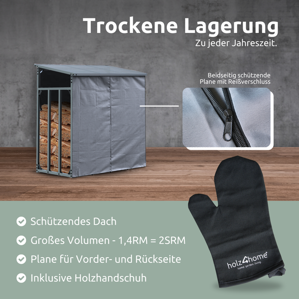 holz4home Kaminholzregal M Metall für Außen 1,4mÂ³ 2SRM Anthrazit inkl. Ofenhandschuh