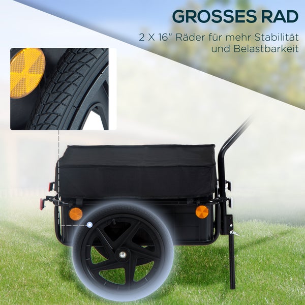 HOMCOM Fahrradanhänger, Lastenanhänger für Fahrrad, 40 kg Belastbarkeit, 144 x 59 x 80 cm, Stahl, Oxford-Gewebe Schwarz