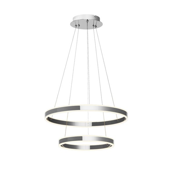 Zweiflammige LED-Pendelleuchte mit zwei verchromten Ringen an dünnen Drahtseilen.