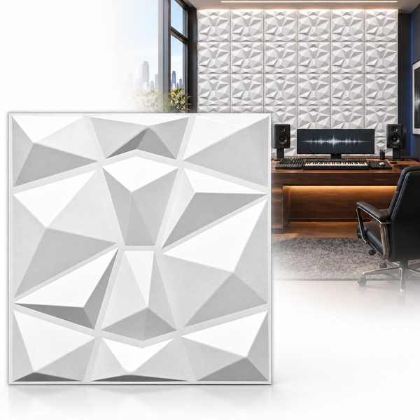 Quadratisches 3D Wandpaneel mit geometrischem Design montiert an einer Wand in einem modernen Tonstudio mit Schreibtisch und Studiomonitoren.
