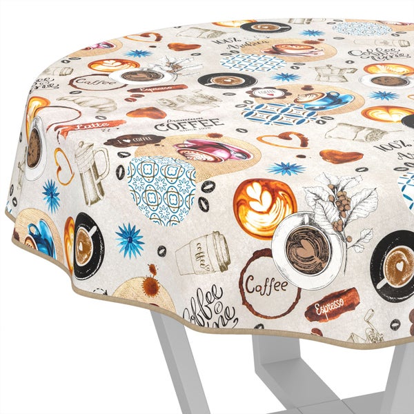 Runde Tischdecke mit Kaffeemotiv auf einem Tisch