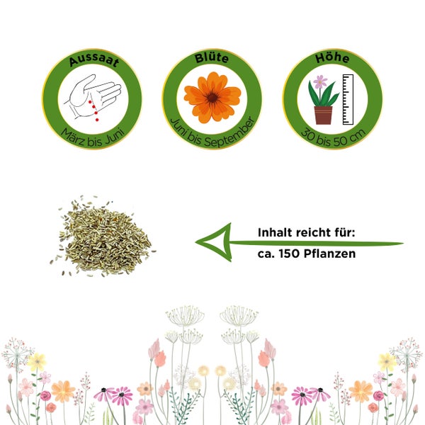 Aussaat März bis Juni, Blüte Juni bis September, Höhe 30 bis 50 Zentimeter. Inhalt reicht für circa 150 Pflanzen.