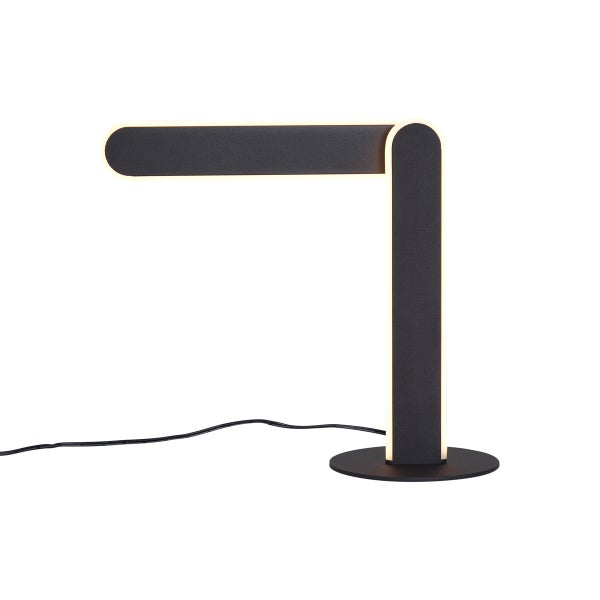 Moderne LED-Tischleuchte in L-Form, Schwarz mit rundem Standfuß und umlaufender Beleuchtung.