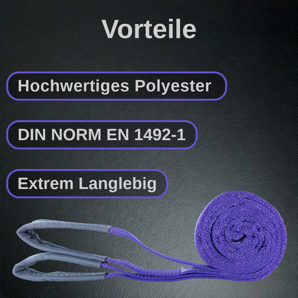 Hebeband mit Vorteilen: Hochwertiges Polyester, DIN Norm EN 1492-1 und extrem langlebig.