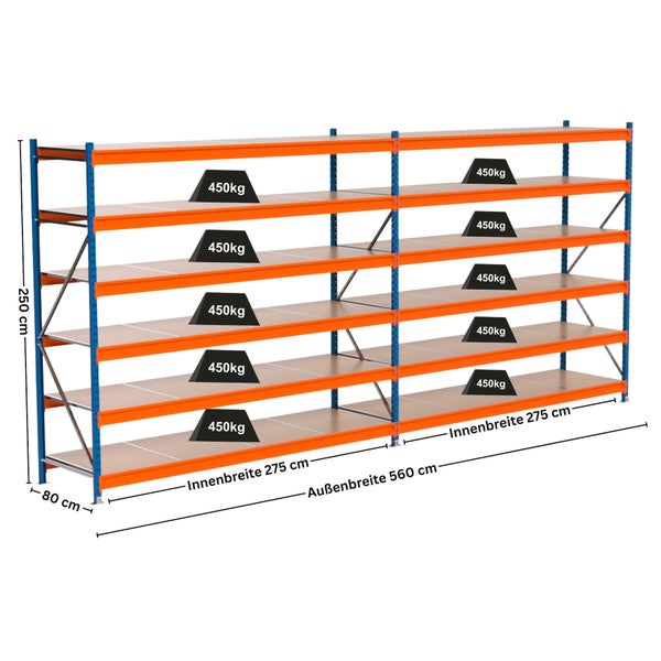 Regalsystem mit fünf Ebenen und Maßangaben