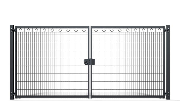Gartentor ZAUNGURU BASIC-Line Berlin Raute aus Metall, Höhe: 183cm, Breite: 401cm, 2-flügelig inkl. Pfosten, Schloss und Zubehör, Feuerverzinkt und in RAL 7016 Anthrazitgrau pulverbeschichtet