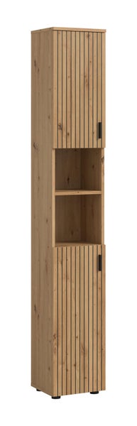 Hochschrank Badezimmerschrank in Eiche Optik mit schwarzen Lamellen zwei Türen und zwei offenen Fächern