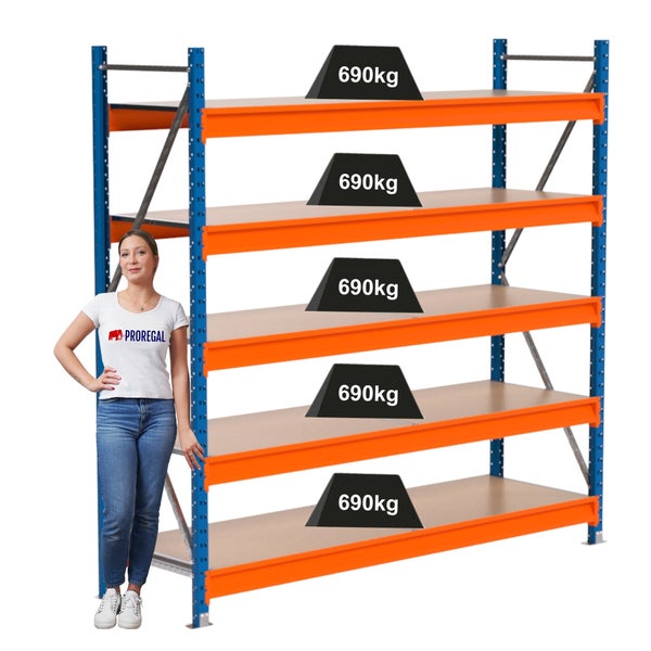 Lagerregal mit fünf Ebenen, mit Gewichten bis 690 Kilogramm belastbar