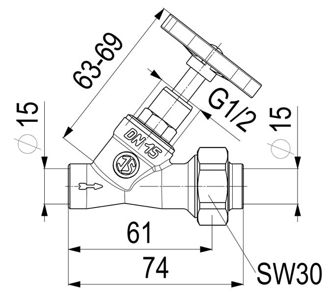 Maßzeichnung Schrägsitzventil: Nennweite 15, Gewinde 1/2 Zoll, Gesamtlänge 74 Millimeter, Höhe 63 bis 69 Millimeter, Schlüsselweite 30.