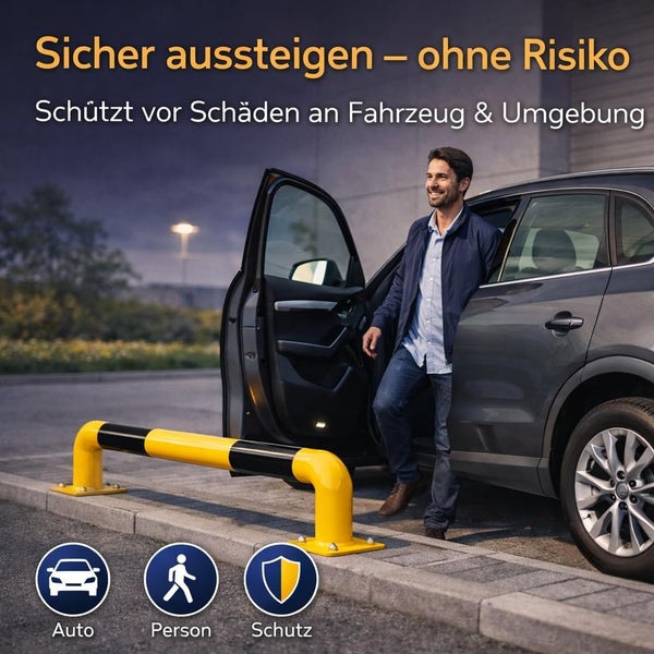Gelb-schwarzer Rammschutzbügel aus Metall auf einem Parkplatz neben einem Auto mit einer aussteigenden Person.